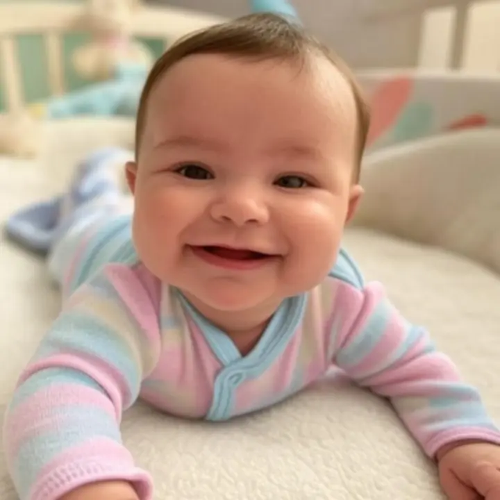 Niemowlę w miękkim, pastelowym ubranku leżące na przytulnym kocu