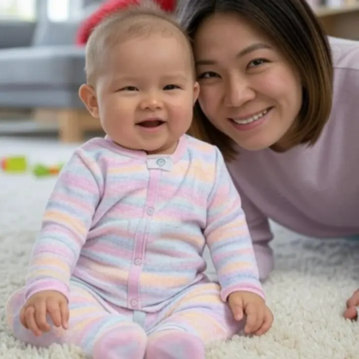 Niemowlę w pastelowym komplecie podczas codziennej zabawy