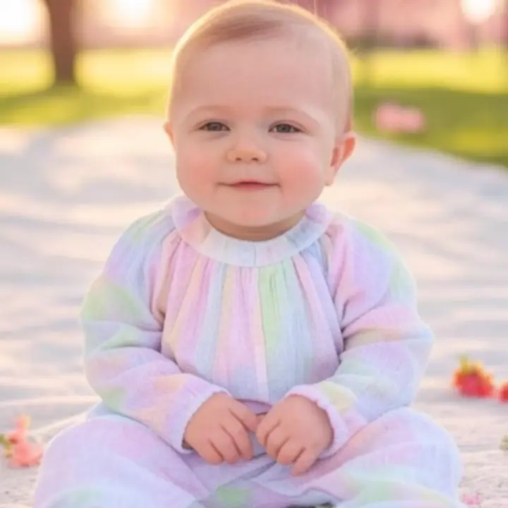 Niemowlę ubrane w pastelowy komplet podczas sezonowej zabawy