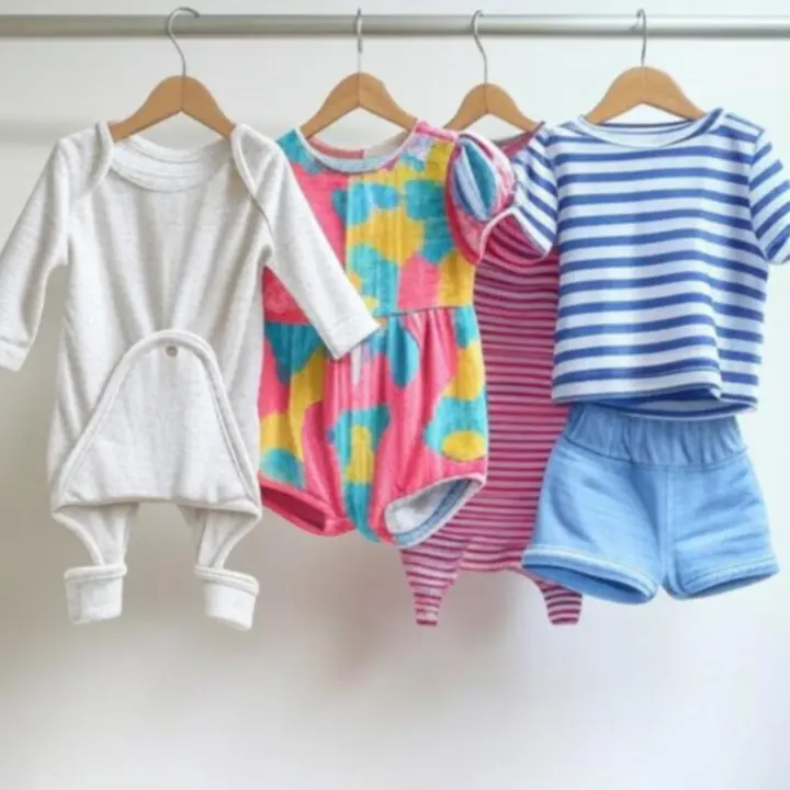 Pastelowe ubranka dziecięce ułożone w estetyczną kolekcję