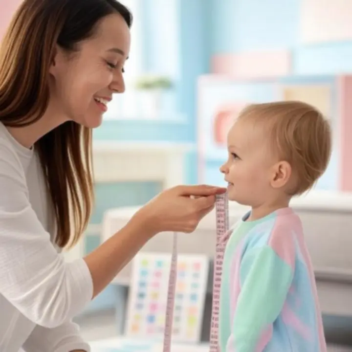 Rodzic mierzy dziecko w domu, korzystając z przewodnika po rozmiarach ubranek DailyKidsWear