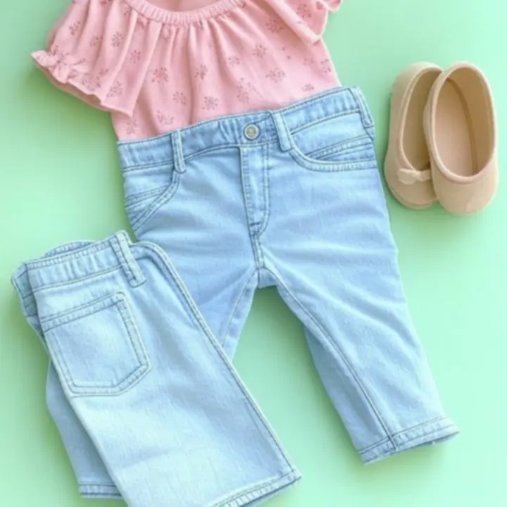 Pastelowe stylizacje dla maluchów ułożone na płasko