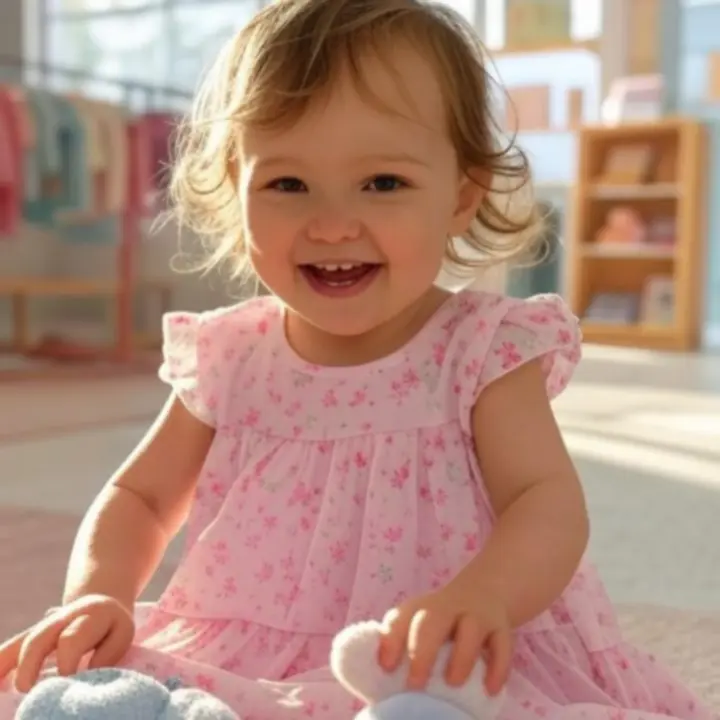 Uśmiechnięta dziewczynka w pastelowym ubranku dla malucha